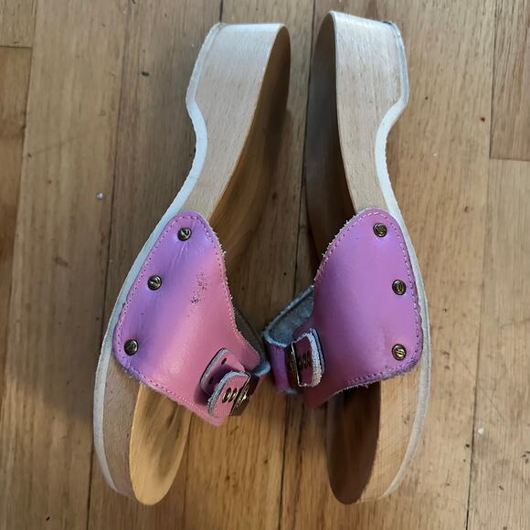 Dr. Scholls Original 10? Exercise Sandals Clogs Vintage Pink Leather Wooden Sole - Picture 11 of 15